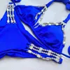 Conjunto de bikini con diamantes de imitación y joyas para mujer, traje de baño azul real de 2 piezas, traje de baño de lujo, cubre traje de baño 240308