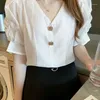 Kvinnors blusar Summer Loose Short Sleeve Chiffon Shirt For Women Bubble V-Neck Blouse pendlar Söt mångsidig topp kvinnlig kläder