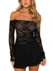 Women's T Shirts HzDazrl Women Y2k Lace Long Sleeve Top Floral See Through Off Shoulder Crop Tops Tee Sexy Slim Fit Blouses