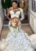 Arabic Aso Ebi Plus Size Mermaid White Wedding Dress For Bride 2024 White One Shoulder Lace Beaded Tiers Organza Bridal Gowns Dresses