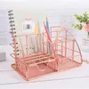 Fashion Iron Mesh Desk Organizer Pencil Pen Holder Caddy med låda för tillbehör Home Office School Supplies Rose Gold 240314