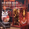 3D -pussel Sötbebok Nook Doll House 3D Pussel With Touch Light Dust Cover Magic Gift Ideas Bookhelf Insert Toy Gifts Flame Common Room 240314