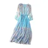 2024 Spring Summer Floral Print Brity Brutons Dress Dress Blue 3/4 Sleeve V-Neck Single-Heact Dreached Dresses W4MM1317