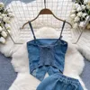 Calças femininas de duas peças americano retro denim terno moda design camisola curta all-match cintura alta reta perna larga 2 conjunto roupas