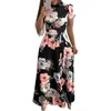 Casual Dresses Lätt sommarklänning Floral Print Maxi med hålig krage bälte midja kvinnors a-line gunga för våren