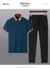 Летний повседневный костюм, мужская рубашка-поло с короткими рукавами и лацканами, футболка из ледяного шелка, эластичные повседневные брюки, комплект из двух предметов