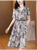 Party Dresses 2024 Vintage Ink Målning Silk Printed Dress Women's Summer Versatile V-Neck Loose Fit Casual Holiday Vestidos