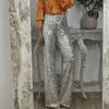 Pantalon Femme Femmes Jambe Droite Paillettes Taille Haute Évasée Pour Slim Fit Pantalon Brillant Couleur Unie Élastique