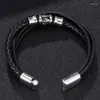 Charme pulseiras moda masculina jóias punk preto multicamadas trançado couro envoltório pulseira masculino aço inoxidável crânio acessórios sp0209