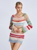 Casual Dresses Wsevypo Patch Color Crochet Knit Mini Dress Women's Elegant LongS Leeve O Neck Wrap Beach For Party Holiday Work