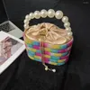 Evening Bags Luxury Glitter Rainbow Basket Bird Cage Pearl Metal Silk Satin Bucket Crossbody Bag Lady Handbag Totes