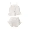 Ensembles de vêtements pour bébés filles, 2 pièces, short sans manches, garniture en dentelle, bouton, camisole, couleur unie PP