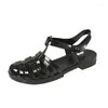Сандалии 2024, летние женские прозрачные прозрачные туфли на плоской подошве с закрытым носком, пластиковые прозрачные туфли ярких цветов, полые ретро-гладиаторы, размер 36-40