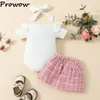 Prowow Baby Meisje Tweed Outfit Zomer Witte Bodysuit en Tweed Rokken 3 stks geboren Geboorte Sets Voor Meisjes Babykleertjes 240301