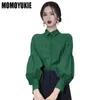 Blusa Vintage mujer otoño primavera elegante moda linterna manga camisa señora solapa suelta rayas Tops verde abotonada hasta 240313