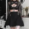 Vrouwen Sexy Patchwork Bandage Mini Rok Harajuku Punk Gothic Zwarte Hoge Taille Vrouwelijke Streetwear 240311