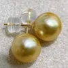 Stud Earrings Natural Sea 13-14mm Genuine Golden Round Pearl Earring For Women