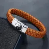 Braid Yinyang Charm Leather Bracelets with Magnetic Clasp Stainless Steel Taiji Black Bracelet Bangle Cuff Wristband for Men Fashion Jewelry