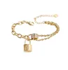 Pulsera simple de acero de titanio con estampado de oro de 18 quilates y circonita cuadrada, cadena asimétrica de doble capa, pulsera de alta calidad para mujer