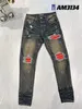 Herren-Jeans Amirs, Herren-Röhrenjeans, elastisch, Amirri-Jeans für Herren, Stickerei-Hose, lang, gerade, schmale Passform, weiche Streetwear-Hose, Herren-Jeans mit gebrochenem Loch