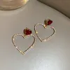 2024 Korean Fashion Jewelry Shining Rhinestone Hollow Heart Drop 14K White Gold Earrings for Women Girls Vintage Red Crystal Earring