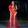 2024 African Plus Size Promdress Czerwone sukienki balowe dla czarnych kobiet eleganckie sukienki wieczorowe na specjalne okazje Sheer szyi koronkowe suknie urodzinowe suknie zaręczynowe AM519