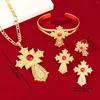 Necklace Earrings Set Gold Color Ethiopian Bridal Wedding Zircon Copper Cross Pendant Women Choker Stud Ring Bangle