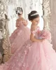 Robe de fille de fleur rose mignonne élégante épaule dénudée appliques de flore 3D volants princesse une ligne filles robe de concours enfant en bas âge enfants fête d'anniversaire robe de Quinceanear