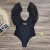 Women's Swimwear 2024 Mesh Ruffle One Piece Swimsuit Women V Neck Pleated Summer Tie Up Backless Beachwear Sexy Hollow Out Bathing Suit