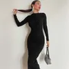 Winter nieuwe mode voor dames en sexy slanke fit geplooide split Solid Color lange mouwen jurk voor vrouwen