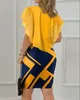 Temel Sıradan Elbiseler Kısa Kollu Kadınlar İçin Zarif Elbiseler Geometrik Baskı Fırfır Hem Bodycon Sıska Mini Elbise Yeni Moda 2023 Yaz Casuall2403