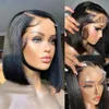 Perruque Bob Lace Frontal Wig brésilienne naturelle, cheveux lisses, HD, pre-plucked, densité 250, transparente, pour femmes