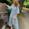 Casual Dresses A Line Patchwork Long Women's Geometric Printed Bubble Sleeved Dress Streetwear Oversized Sundress Clothes For Women