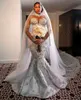 Mermaid Wedding Crystal Dress Llusion High Neck Long Sleeve Plus Size Bridal Troogs Beads Bruid Jurken Rozes Rabes de Mariee 326 ES 0514