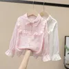 2023 Spring Autumn Long Sleeve Kids Shirts School Girl Shirt Baby Toddler Teen Girls Lace White Blouse Topps Children kläder 240307