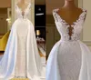 2024 Högkvalitativ sjöjungfru bröllopsklänning Sheer Neck Flower Lace Appliques Pärlor Boho Bridal Formella klänningar svep Train Vestidos de Novias Robe de Mariee