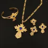 Necklace Earrings Set Gold Color Ethiopian Bridal Wedding Zircon Copper Cross Pendant Women Choker Stud Ring Bangle