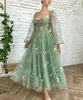 Romantique Vintage vert robe de bal courte princesse bouffée à manches longues broderie florale femmes Cocktail filles robes d'anniversaire tenue Robe De soirée