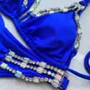 Conjunto de bikini con diamantes de imitación y joyas para mujer, traje de baño azul real de 2 piezas, traje de baño de lujo, cubre traje de baño 240308