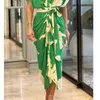 HOUZHOU Green Elegant Dress Women Art Print Lapel Short Sleeve Single Row Button Tie Up Pleated Design Shirt Dresses Female 240301