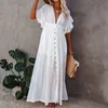 Sexy Bikini Coverups Tunique Robe D'été Lâche Longue Blanc Casual Élégant Dresse Lin Fée Vacances Plage Chic Vêtements 240313