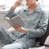 Suo Chao 100％コットンパジャマはメンズのためのセットルーズカジュアルな格子縞のスリープウェアパジャマの家服ナイトガウンホームウェア240314