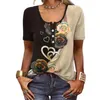 Blusas femininas respirável camiseta estilo étnico estampa floral coleção de verão o-pescoço manga curta tops henley decote em v