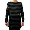 Men's Sweaters Punk Gothic Cool Male Striped Long Sweater Man Stretch Thin Pullover Broken Hollow Out Slit Spring KnitTop Jumpers 2024