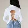 Women's Blouses Wedifor Design Lace Up Backless Women Blouse Black White Fashion Streetwear Long Sleeve Shirts Elegant Sexy Party Ladies Top