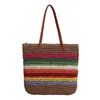 Sac d'été tissé en herbe à rayures contrastées arc-en-ciel pour femmes, asymétrique épaule dénudée, grande capacité, pour aller dans la rue, petite plage fraîche