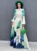 SHENGPALAE robe plissée de couleur contrastée pour les femmes mode de printemps imprimé manches longues a-ligne longueur de plancher Vestido 5R9404 240313