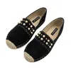 Casual Shoes Pearl Beads Espadrilles Women Round Toe Flats Straw Glitter Tassel Creepers Woman Soft Flock Slip On Crystal Loafers 294