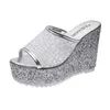 HBP Non Brand slippers slide fashion plus bling glitter fish mouth sandals ladies wedge slippers for women high heel platform sandal