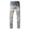 Amerikaanse stijl high street noodlijdende patch live-uitzending verf blauwe verweerde klassieke elastische jeans
